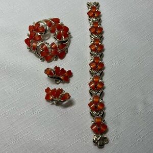 Vintage Coro red lucite thermoset leaf wreath brooch, earrings, & bracelet.